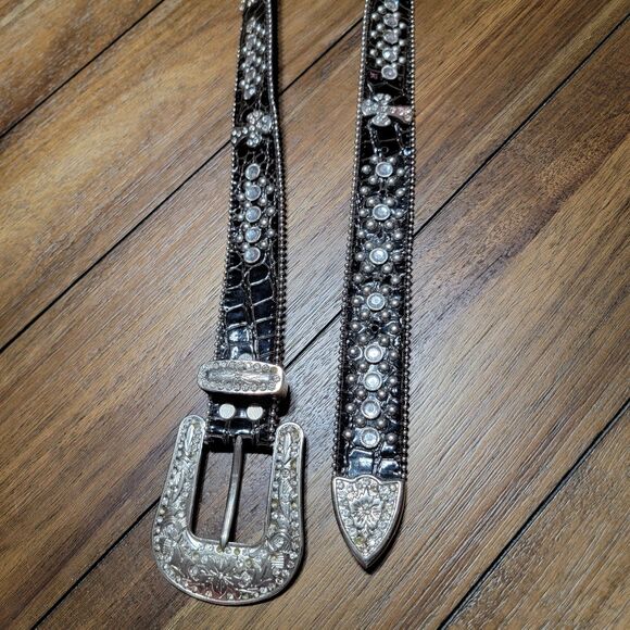 Heavy Leather Studded Bling Cross Black Western Belt w/ Large Buckle